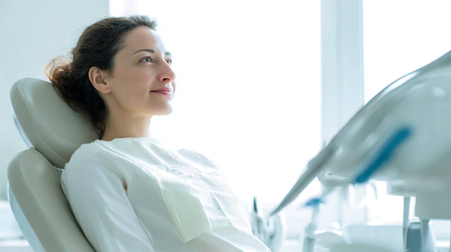 Eine Patientin sitzt entspannt in einem modernen Zahnarztstuhl mit einem weißen Lätzchen.