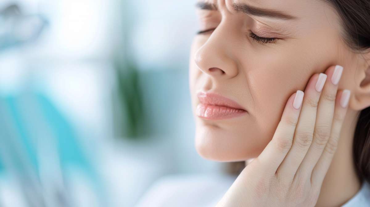 Eine Patientin hält sich schmerzhaft die Wange, während sie im Zahnarztstuhl sitzt.