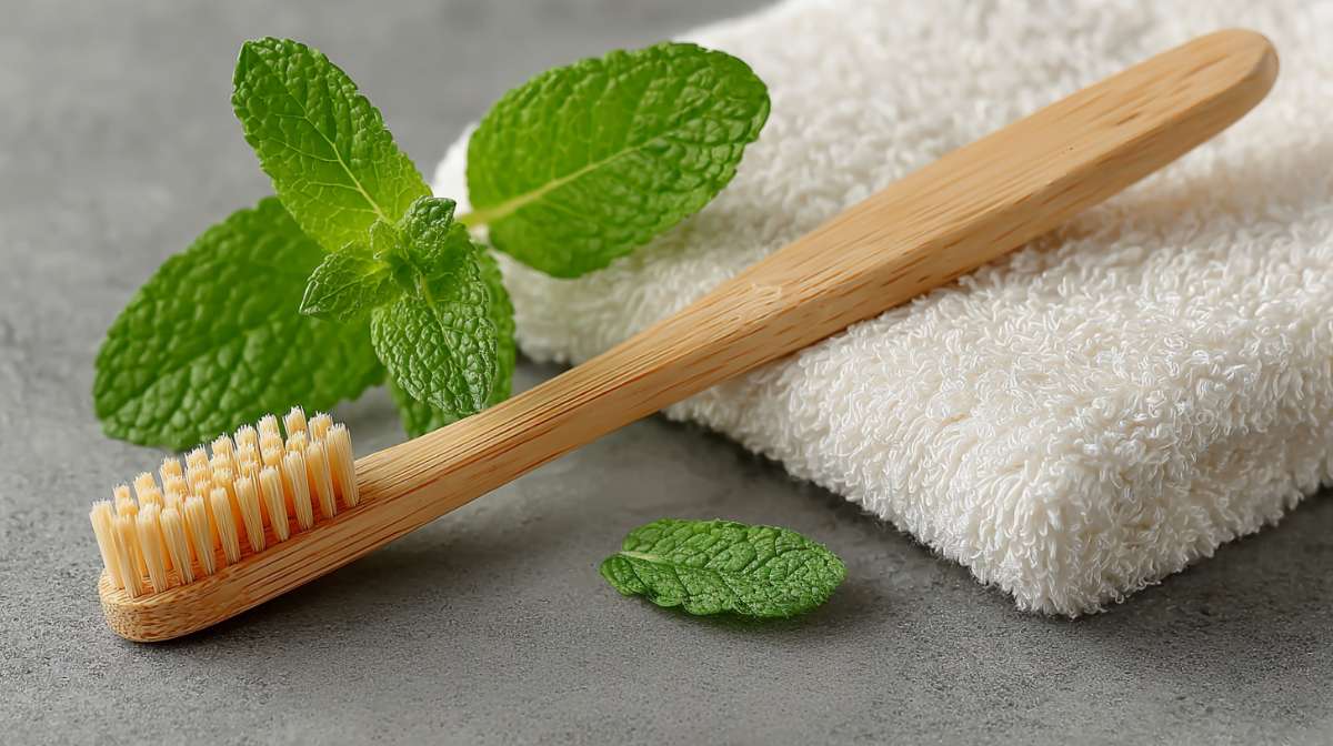 Bambuszahnbürste mit weichen Borsten auf einem Handtuch, umgeben von frischen Minzblättern.