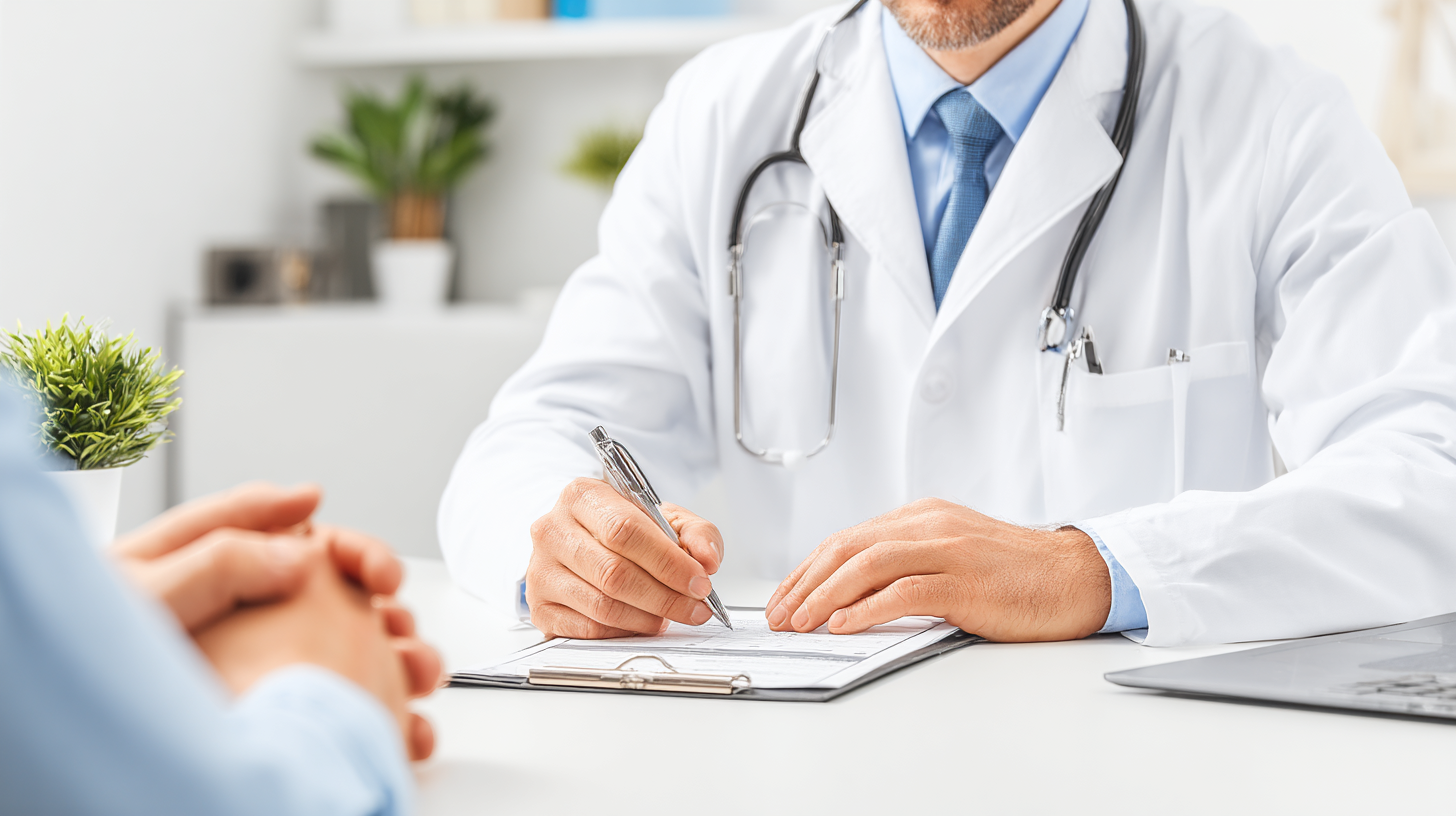 Zahnarzt in einem weißen Kittel, der Notizen während eines Patientengesprächs auf einem Clipboard macht.