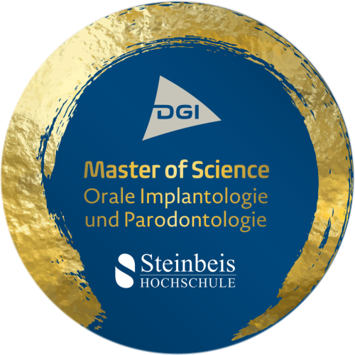 Rundes Emblem für den Master of Science in Oraler Implantologie und Parodontologie von der Steinbeis Hochschule.