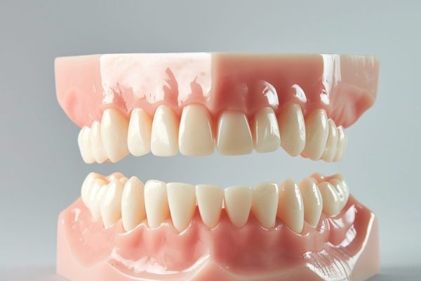 Modell menschlicher Zähne in einer zahnmedizinischen Darstellung auf einem weißen Hintergrund.