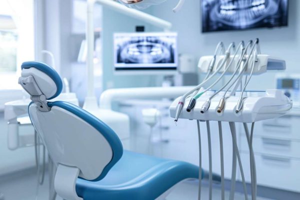 Zahnarztstuhl in einer modernen Zahnarztpraxis mit Röntgenbildern im Hintergrund.