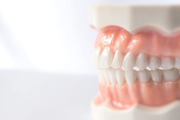Zahnmodell mit weißen und rosa Zähnen, das die menschliche Zahnstruktur darstellt.